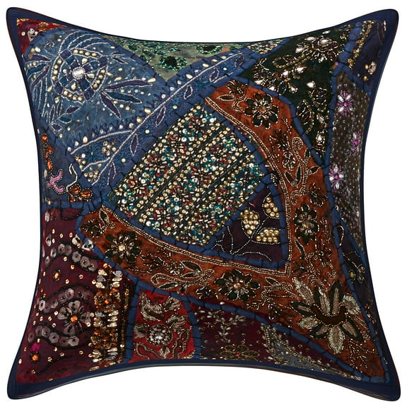 Stylo Culture Ethnic Settee Sofa Throw Pillow Cover 16x16 Beaded Sequins Dark Blue Bohemian 40 x 40 cm Patchwork Cotton Embroidered Square Cushion Cover | 1 Pc