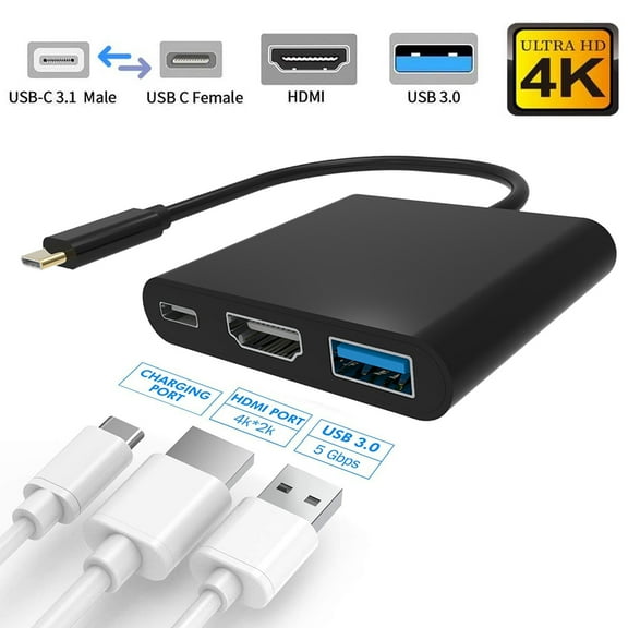 USB C to HDMI Adapter, Type C USB 3.1 to HDMI 4K/USB 3.0/USB C Converter Cable Charging Port Adapter Cable Compatible MacBook, Chromebook Pixel, Samsung Galaxy S8/S9/Note 8/Note 9 Black
