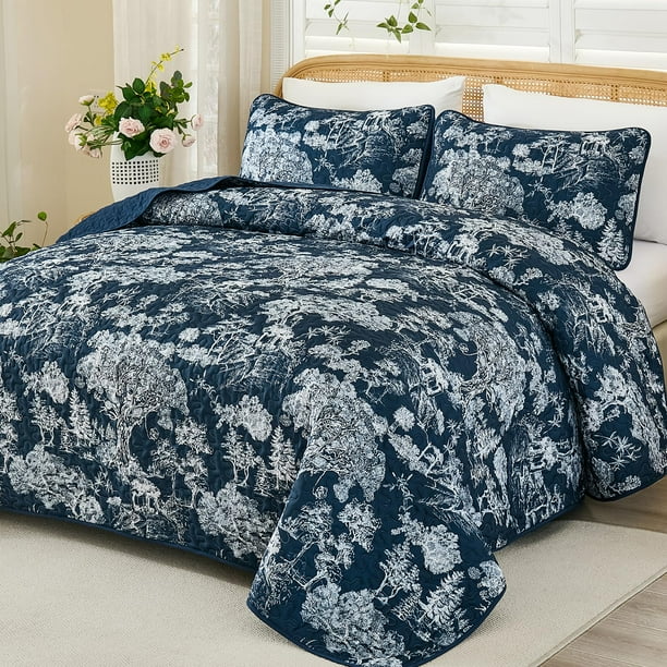 Juego de edredón WONGS BEDDING, tamaño king, azul marino, botánico, 3 piezas