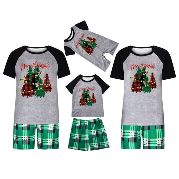 EQWLJWE Short Sleeve Christmas Pajamas for Family Merry Christmas Tree Print Pajama Round Neck Raglan Sleeve Shirts Plaid Shorts Nightmare Before Christmas Sleepwear
