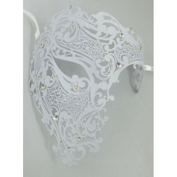 White Phantom Laser Cut Venetian Mask Masquerade Metal Men Skull Filigree
