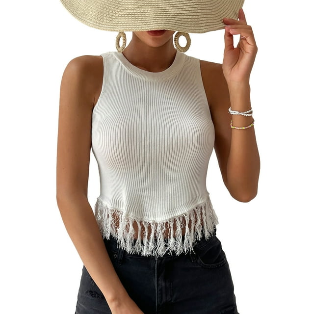 Blusa sin mangas con cuello redondo y empalme con borlas delanteras para mujer Blusa corta de color puro