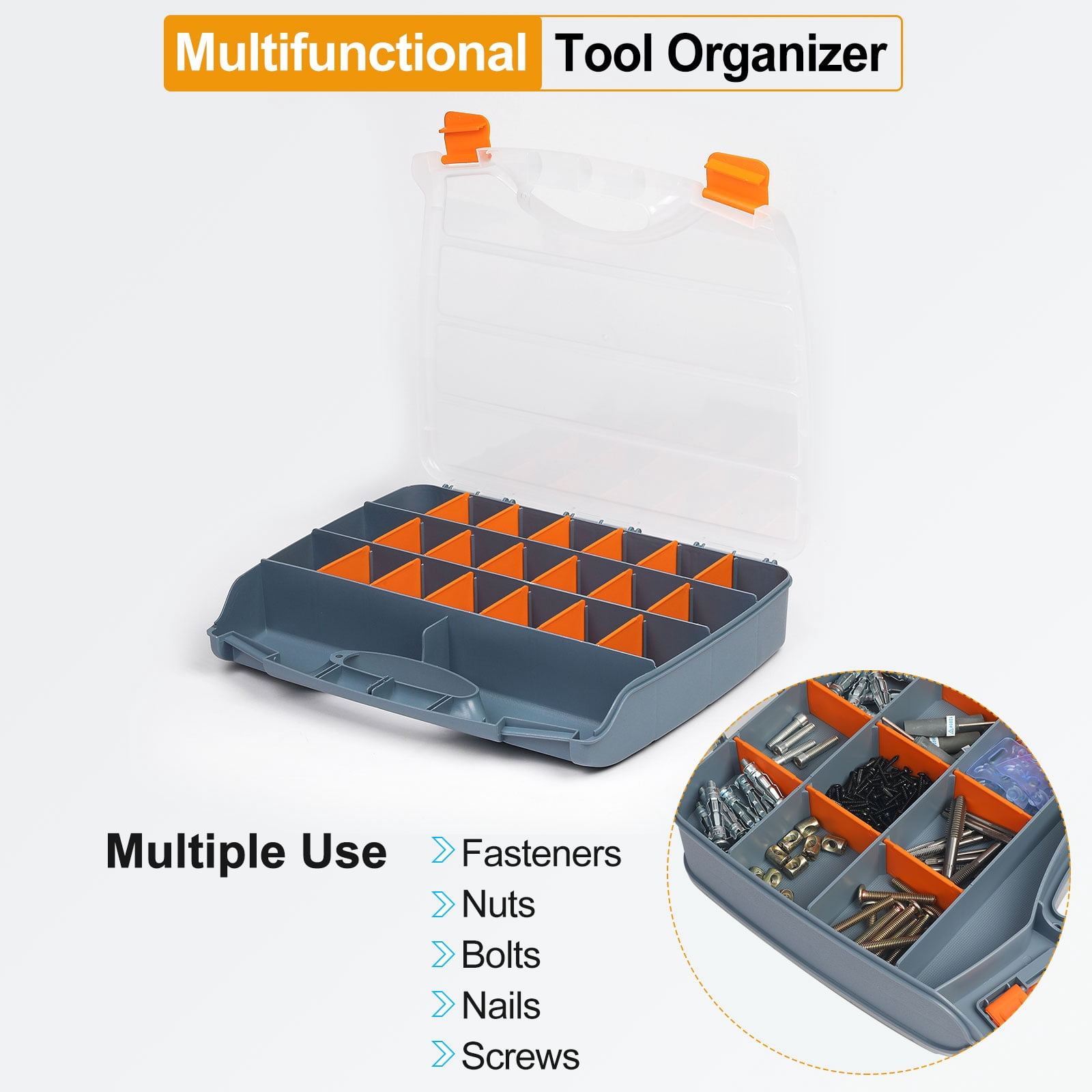 Uxcell Single Side Tool Organizer 15"x12.2"x2.8" 21-Compartment Hardware Storage Box with Removable Dividers