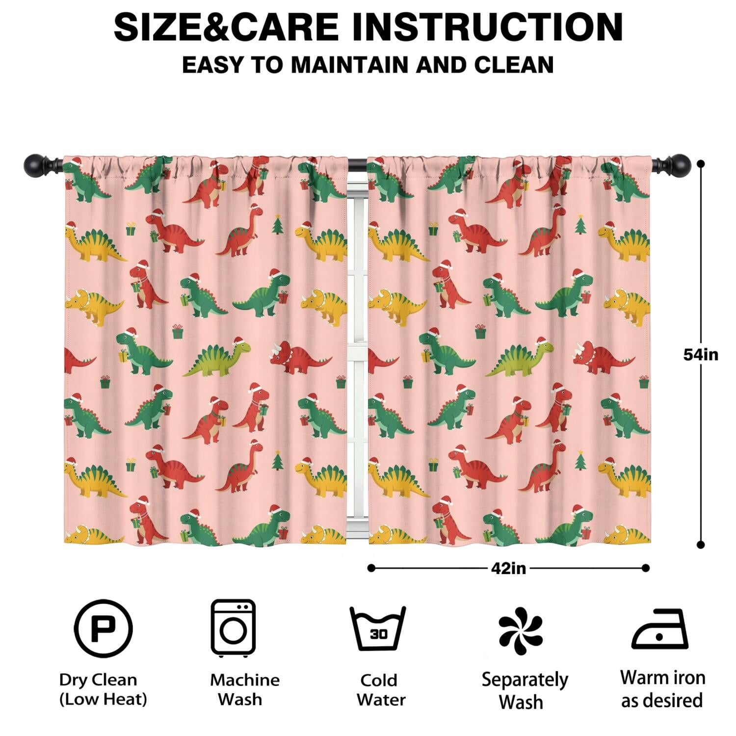 Blackout Kids Curtains,Pink Christmas Dinosaurs Pattern Childrens Insulated Curtains Set Of 2,Bedroom Essentials,Toddler Room Decor 42"x54"