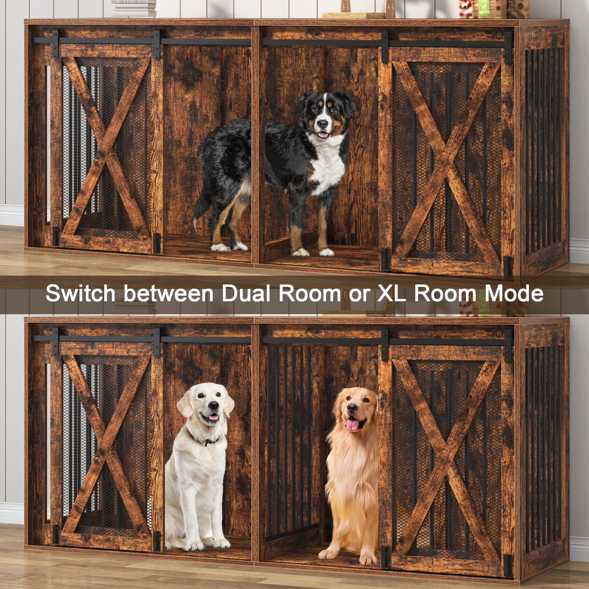 Nordee 78.7" XXL Dog Crate Furniture for 2 Large Dogs, Heavy Duty Double Dog Cage Large Breed, 35.4" Tall Thick Wooden Dog Kennel TV Stand with Divider, Rustic Brown