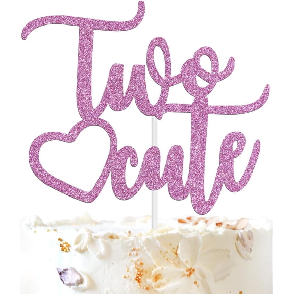 Pink Glitter Two Cute Cake Topper, Happy 2nd Birthday Party Decorations Supplies for Girl