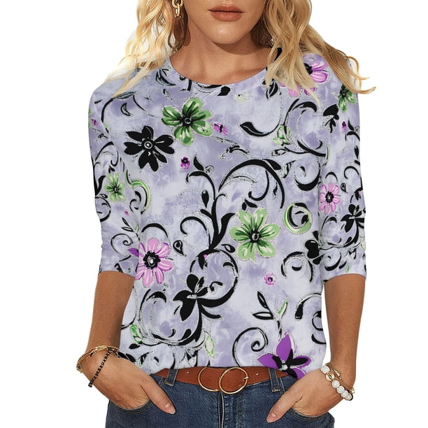 Tops de Manga Larga de Mujer 3/4 Manga Flores Impresas Cuello Redondo Blusa Casual Estiramiento Suave