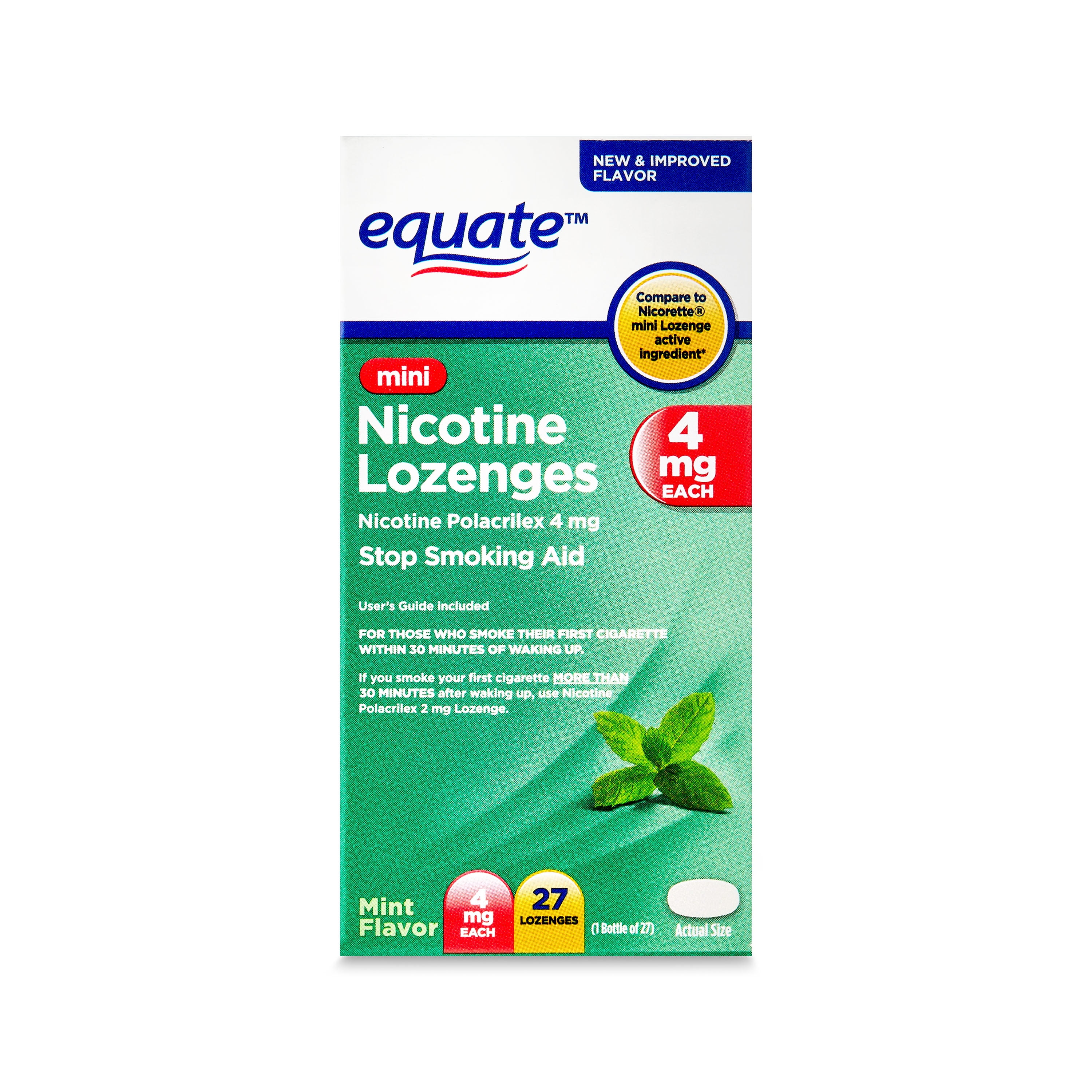 Equate Mini Nicotine Lozenge 4 mg, Mint Flavor, Stop Smoking Aid, 27