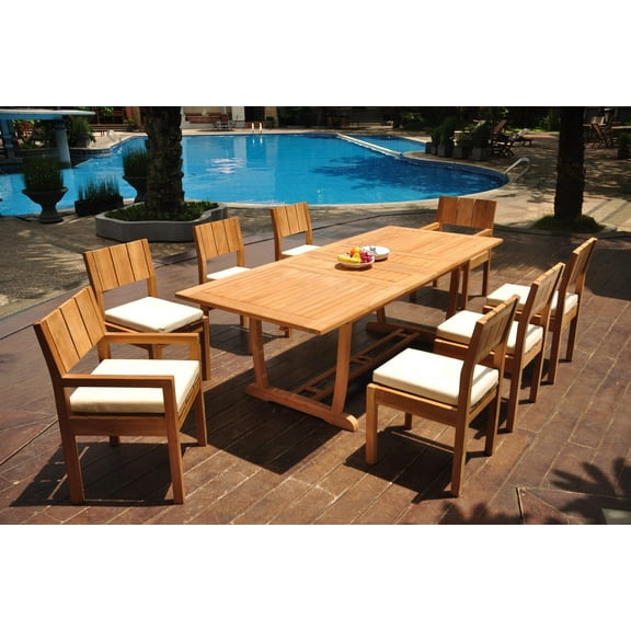 Grade-A Teak Dining Set: 8 Seater 9 Pc: 94" Double Extension Mas Rectangle Trestle Leg Table And 8 Veranda Chairs (2 Arm & 6 Armless Chairs) WholesaleTeak #WMVR71