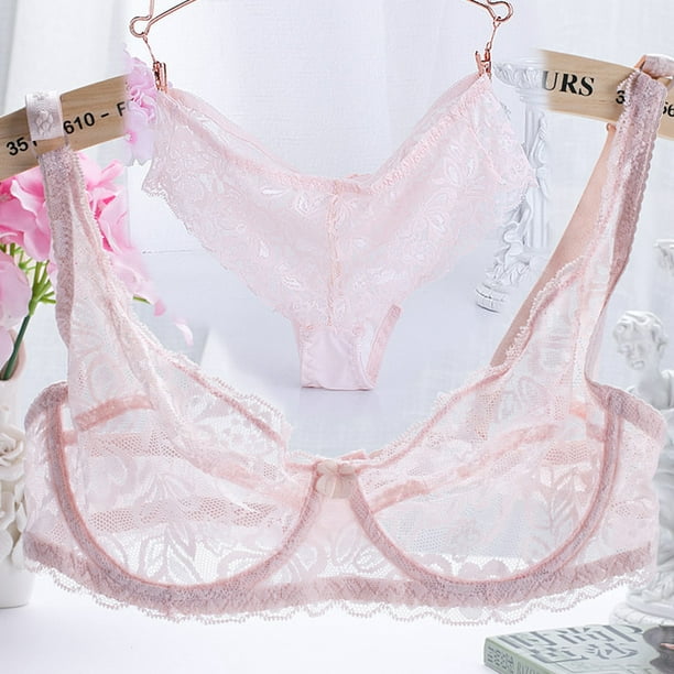 New Women Lace Gauze Bra Sets Push Up 3/4 Cup Hook-and- Eye Breathable Ultra -thin bra Lingerie Underwear With Brief 
