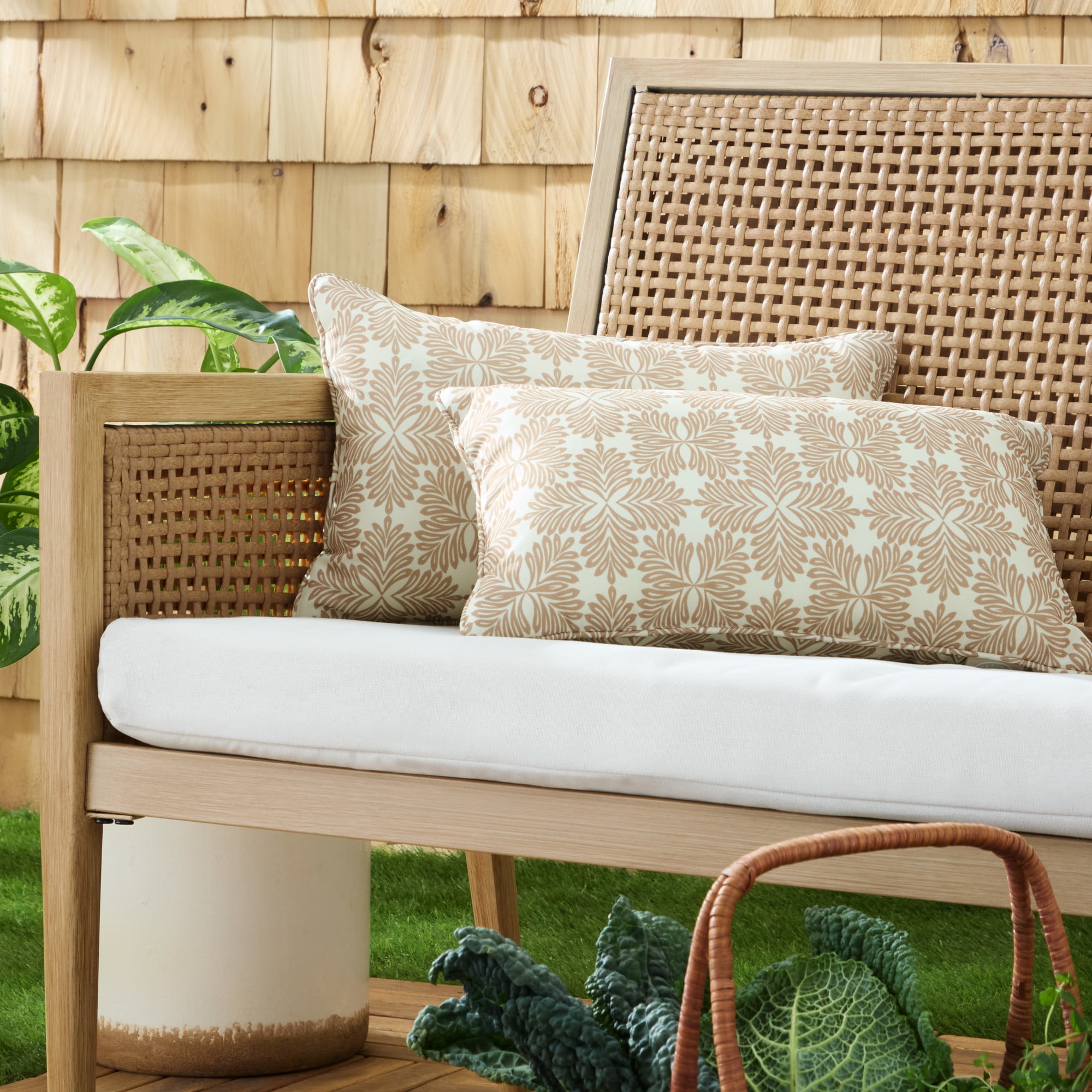 MARTHA STEWART Tulum Indoor Outdoor Decorative Lumbar Pillow 2-Pack Set, UV Fade Resistant, Water Repellent, Printed Modern Design, Taupe, 11"x18"