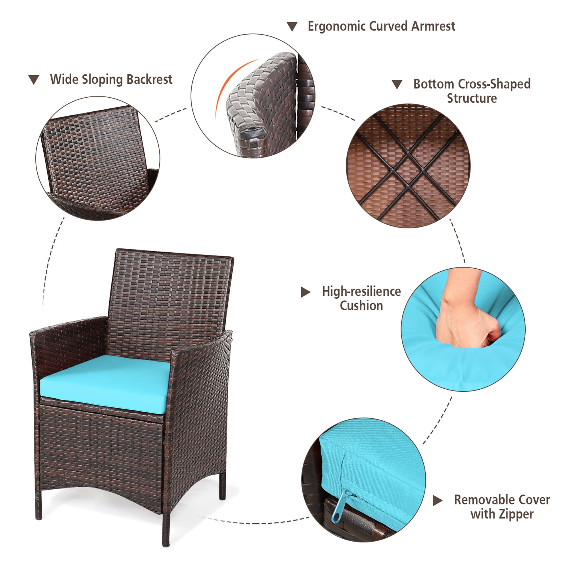 Costway 3PCS Patio Rattan Furniture Set Cushioned Sofa Glass Tabletop Deck Blue