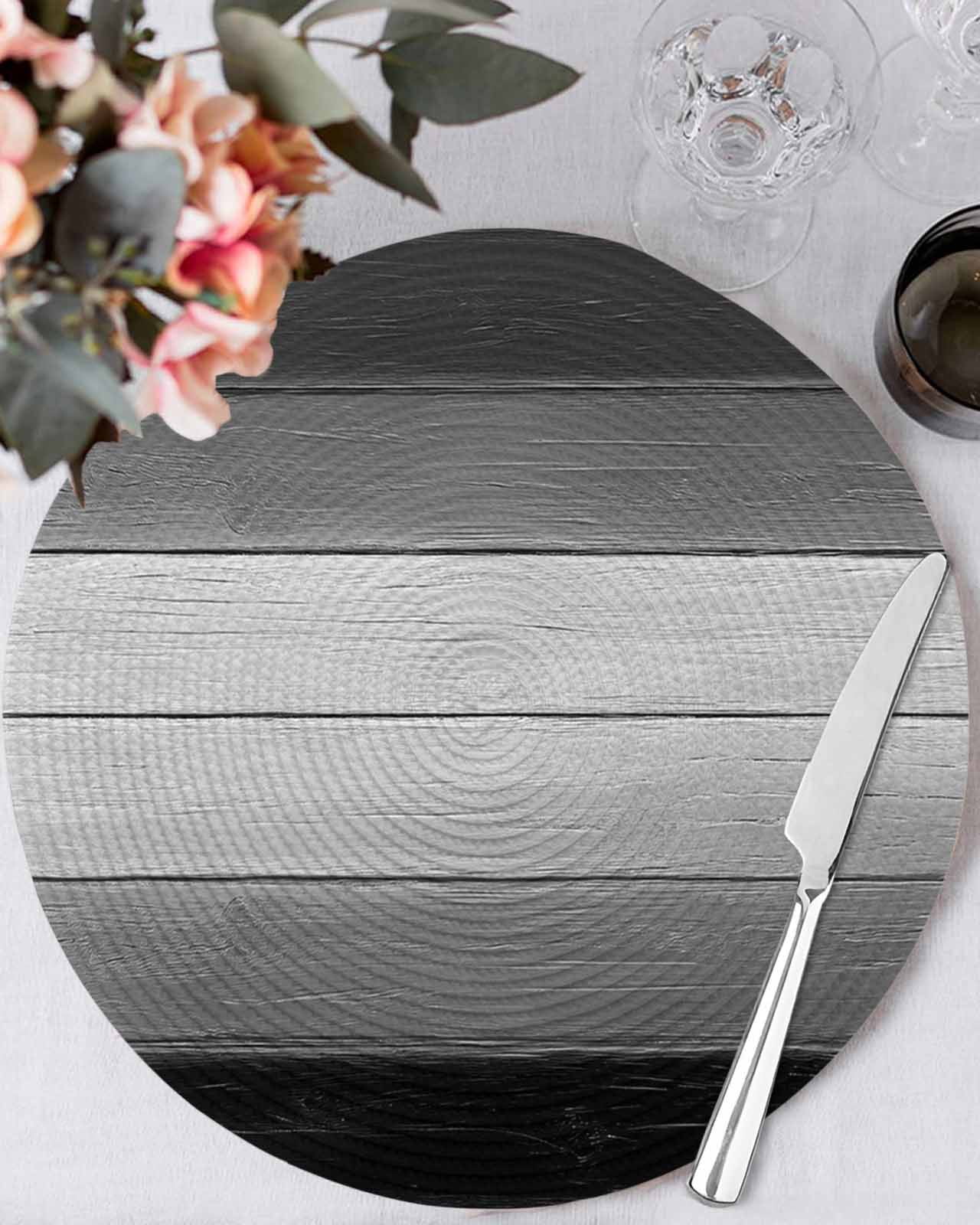 Round Placemats Set of 4 Black Wood Grain Place Mats Washable Woven Placemat Grey Gradient Wooden Circle Braided Table Mat for Kitchen Dining Table Party Home Decor 15 Inch