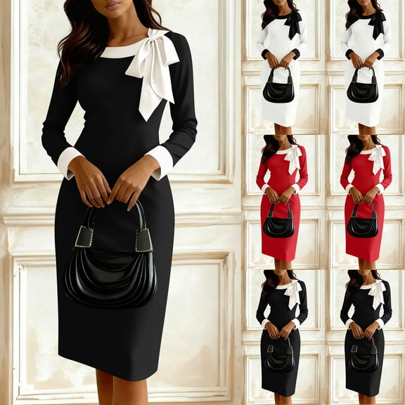 THDHVS Work Dress,Dresses for Women,Fitsted Bow Back Bodycon Dress Color Block Long Sleeve Knee Length Black