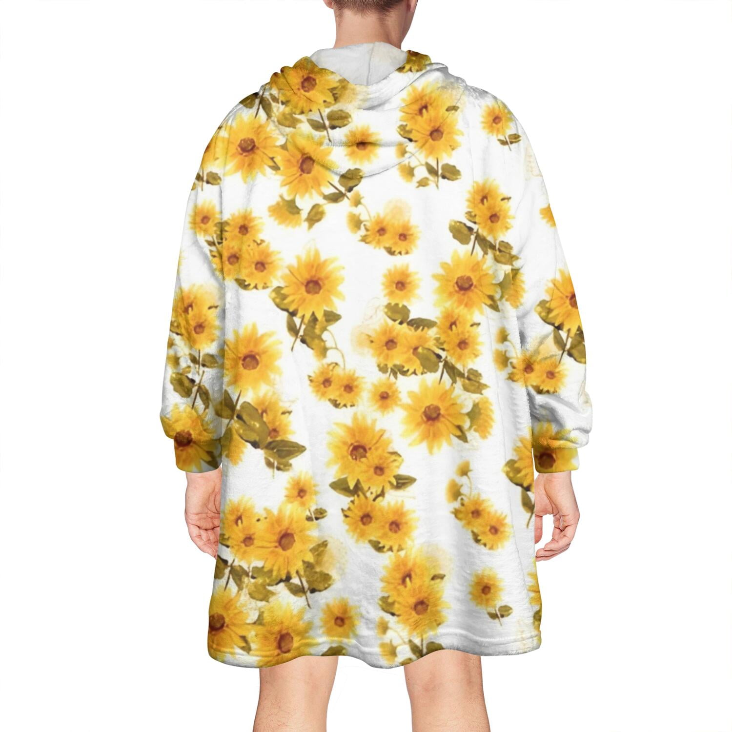 White Yellow Sunflower Pattern Wearable Oversized Blanket,Wearable Blanket Hoodie for Adults,Cozy Hooded Blankets with Super Pockets,Super Warm Fuzzy Pullover for Women & Men