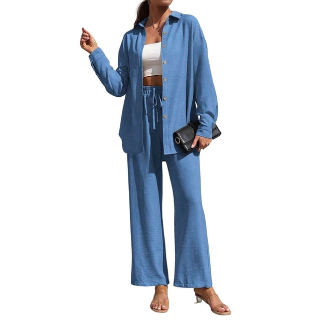 Traje de Verano para Mujer, de Dos Piezas, con Camisa, Pantalones y Ropa Deportiva Informal para Playa y Vacaciones Azul S
