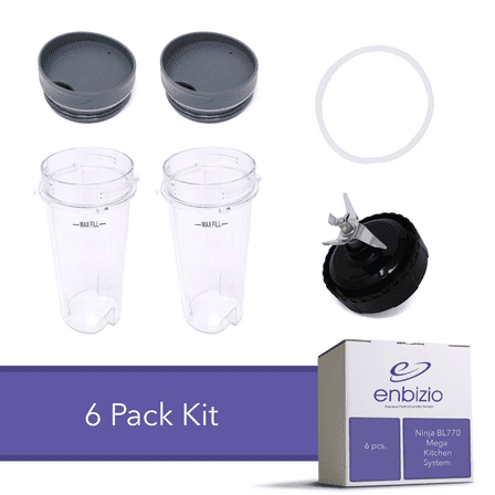 ENBIZIO Replacement Part - for Ninja Mega Kitchen System BL660 BL770 BL780 - Kit of 2 Cups, 2 Lids, Extractor Blade, Gasket