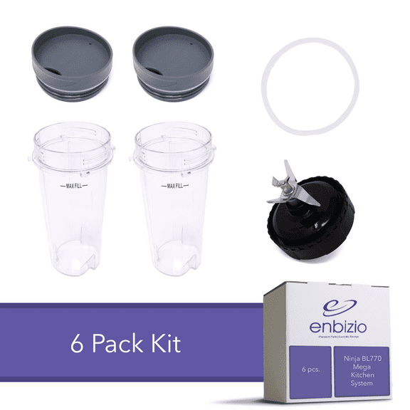 ENBIZIO Replacement Part - for Ninja Mega Kitchen System BL660 BL770 BL780 - Kit of 2 Cups, 2 Lids, Extractor Blade, Gasket