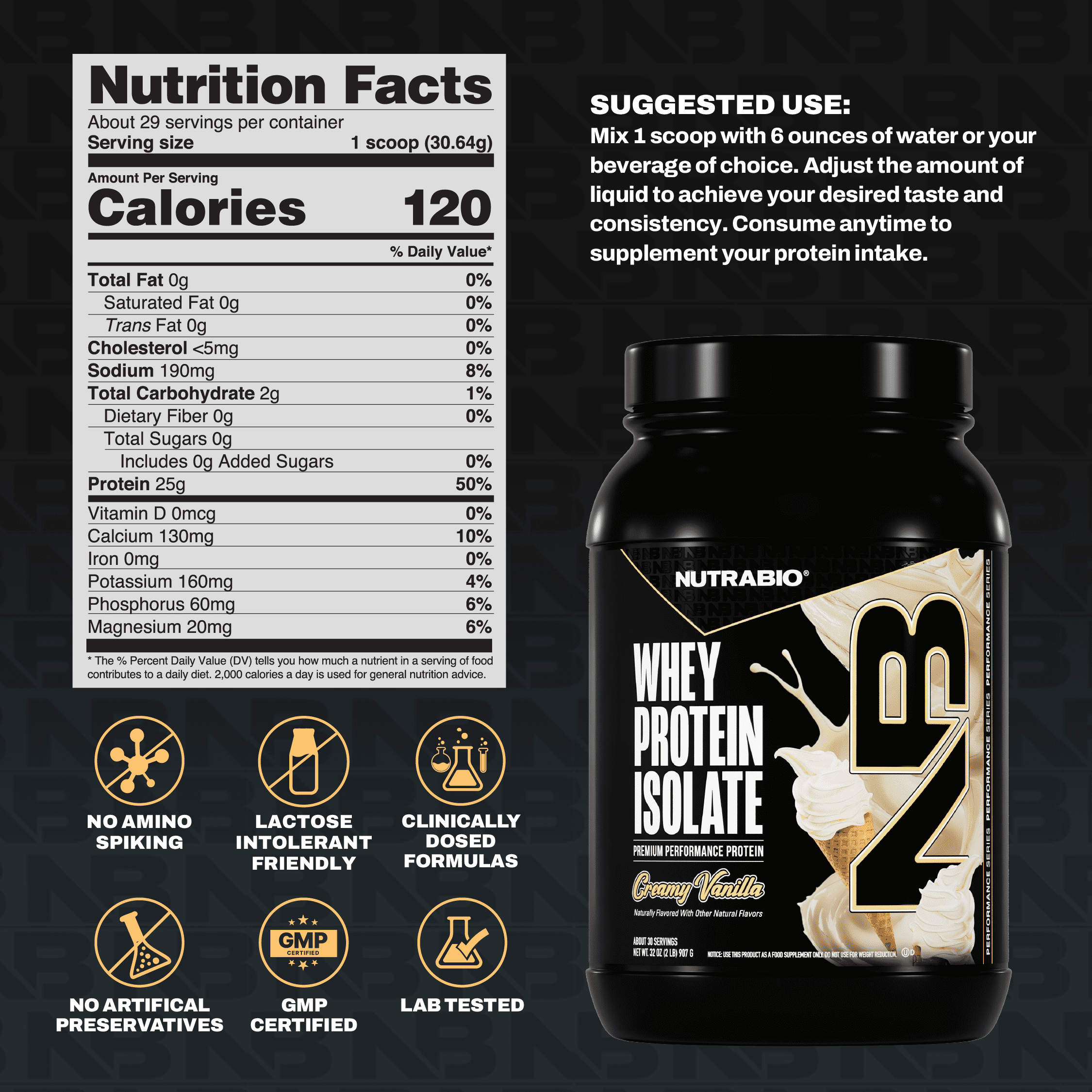 NutraBio Whey Protein Isolate Powder Supplement – 25g of Protein Per Scoop with Complete Amino Acid Profile - Soy and Gluten Free Protein Powder - Zero Fillers and Non-GMO - Alpine Vanilla - 2 Lbs