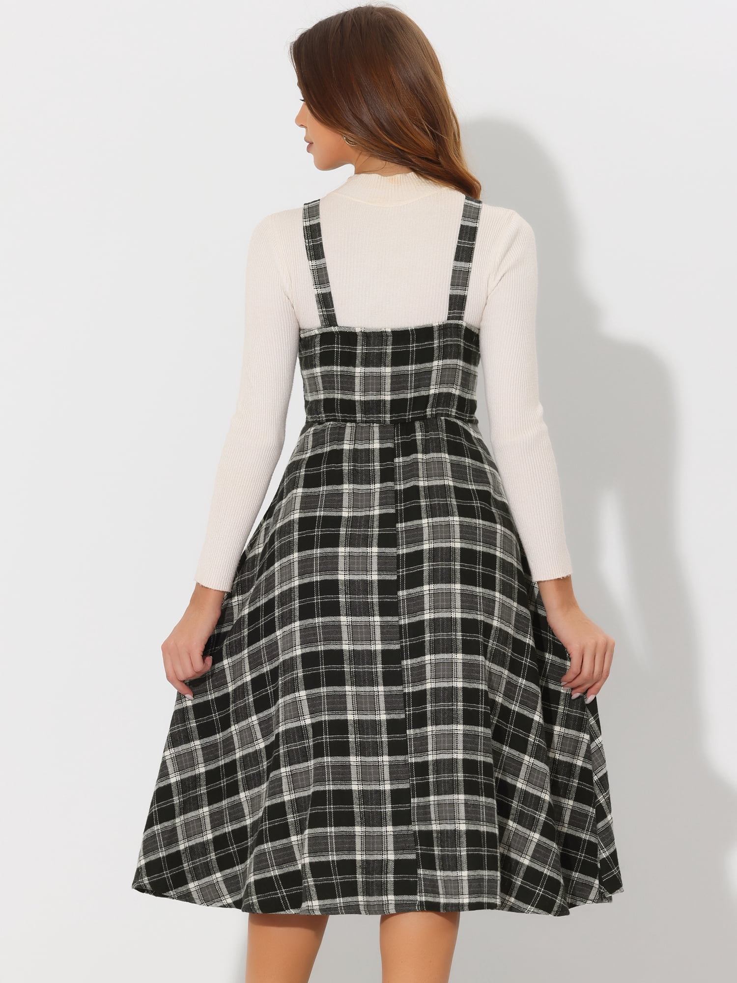 DARING DIVA Plaid Overalls Vintage Sleeveless A-Line Pinafore Dress S Black