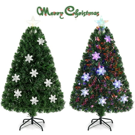 Color Christmas Tree Gymax 4' Pre-Lit Multi-Color Lights Fiber Optic Artificial Christmas Tree with Snowflakes ()