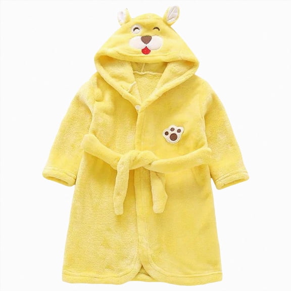 Kids Coral Fleece Bathrobe,Soft Plush Hooded Robe with Adjustable Belt,Cute Cartoon Print,for Boys Girls Toddlers 12 Months -12 Years,Warm Loungewear Shower Robe Kids Pajamas,Yellow,Size 11-12T