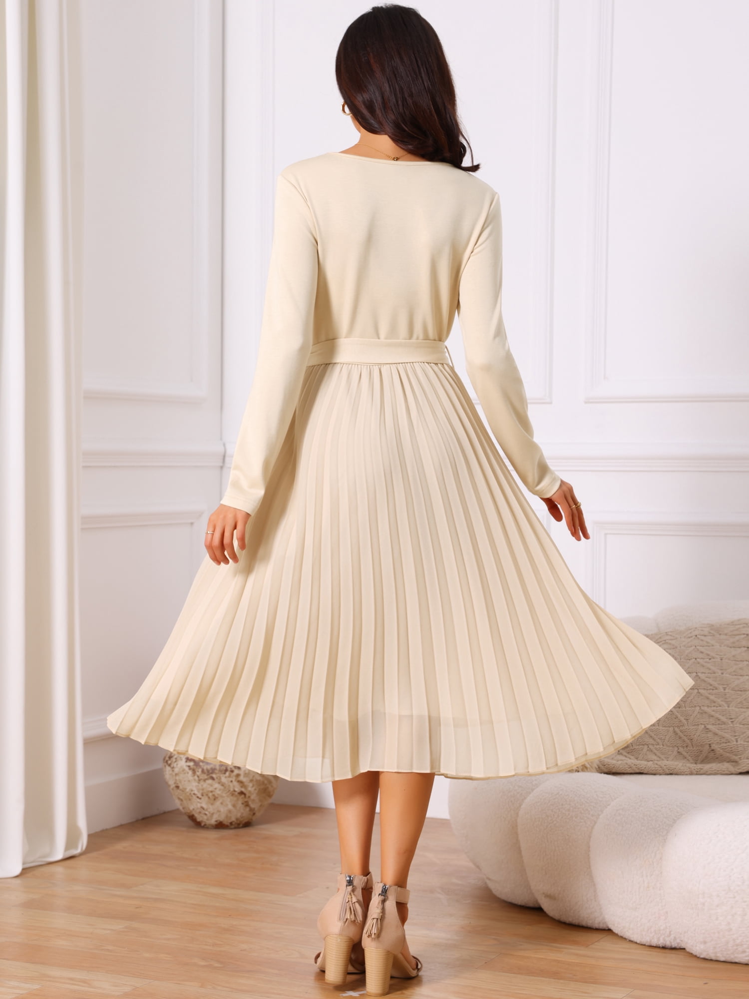 DARING DIVA Women's Pleated Crewneck A Line Flowy Long Sleeve Dress S Apricot