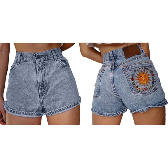 Womens High Waist Embroidered Denim Shorts Light Blue & Sun XL