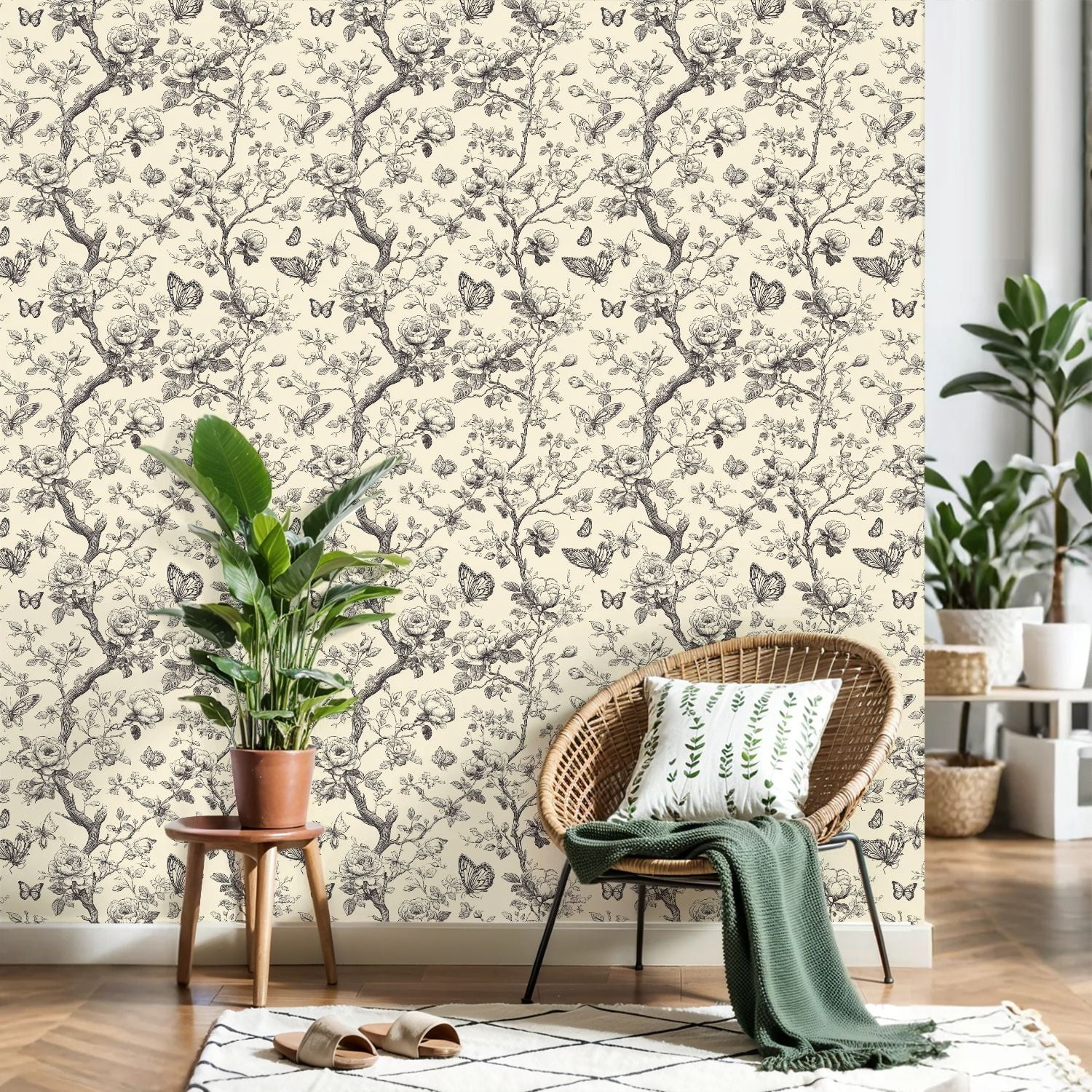 Peel and Stick Wallpaper Vintage Floral Butterfly Botanical Monochrome Line Art 17.7in x 118in Contact Paper Removable Self Adhesive Wall Mural Wall Decor for Bedroom Kitchen Cabinets
