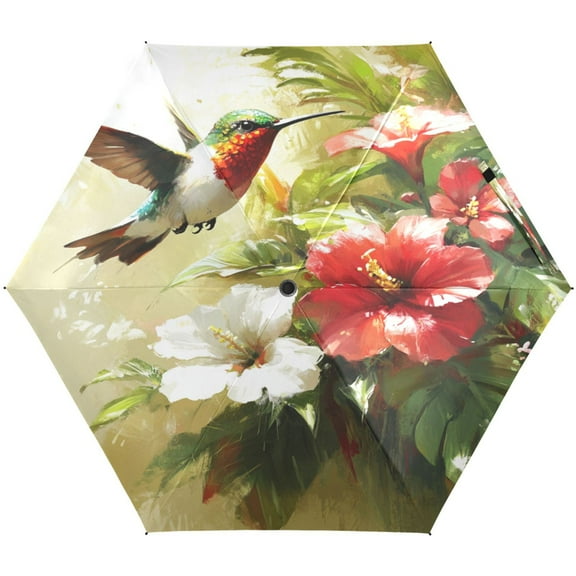 Hummingbird and Hibiscus Umbrellas for Sun Auto Open Close UV50  Waterproof 5-Fold Compact Fiberglass Frame