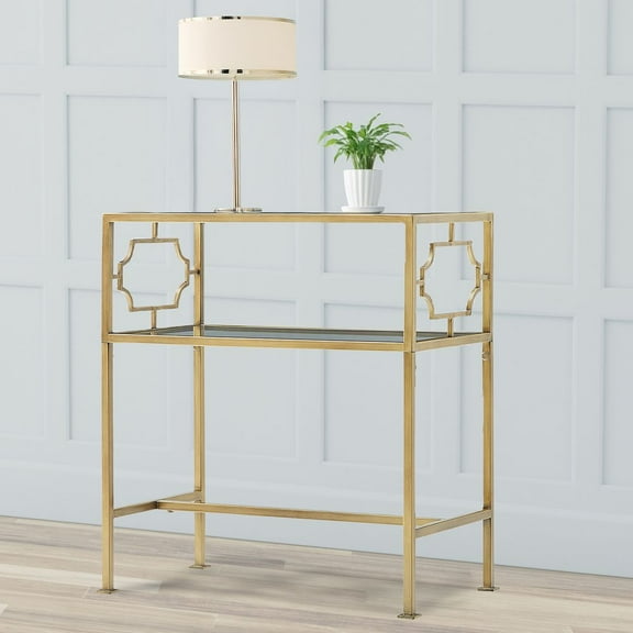 YINGYING Rectangular Side Table, Antique Gold Metal Fram Accent End Table with Tempered Glass Top Console Table for Small Space