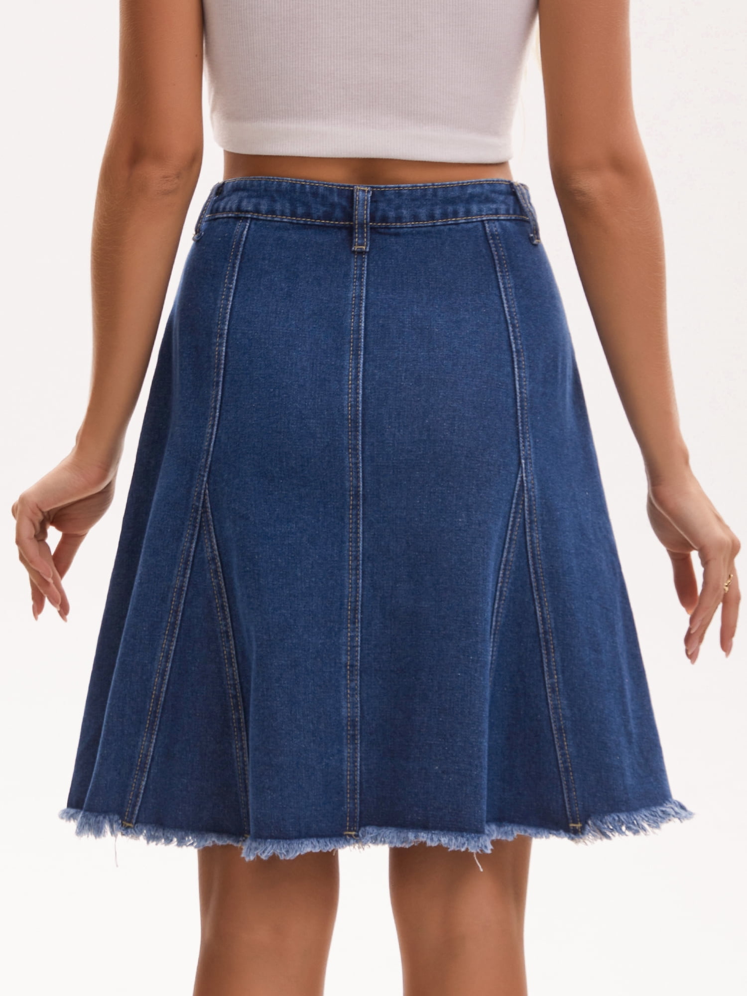 DARING DIVA Women's Denim A Line Flared Raw Hem Jean Skirts Medium Dark Blue