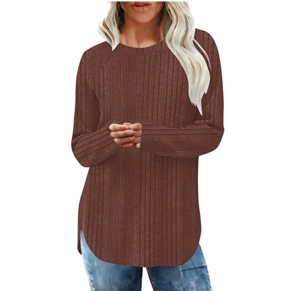 Neewe Long Sleeve Shirts for Women Fall Clothes Tunic Tops Loose Fit Dressy Crewneck Pullover Sweaters Curved Hem
