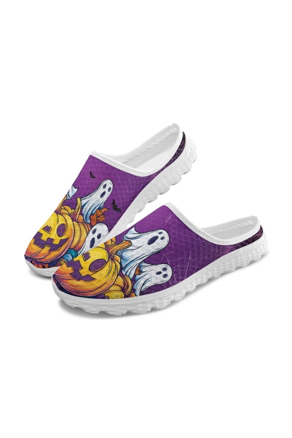 Chririnla Halloween Pumpkin Ghost Mesh Slip On Clogs | Breathable Lightweight Unisex Summer Casual Walking Shoes