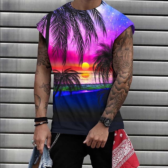 Cameland Men Casual Fashion Printing Pullover Round Neck Sports Tank Tops Vest