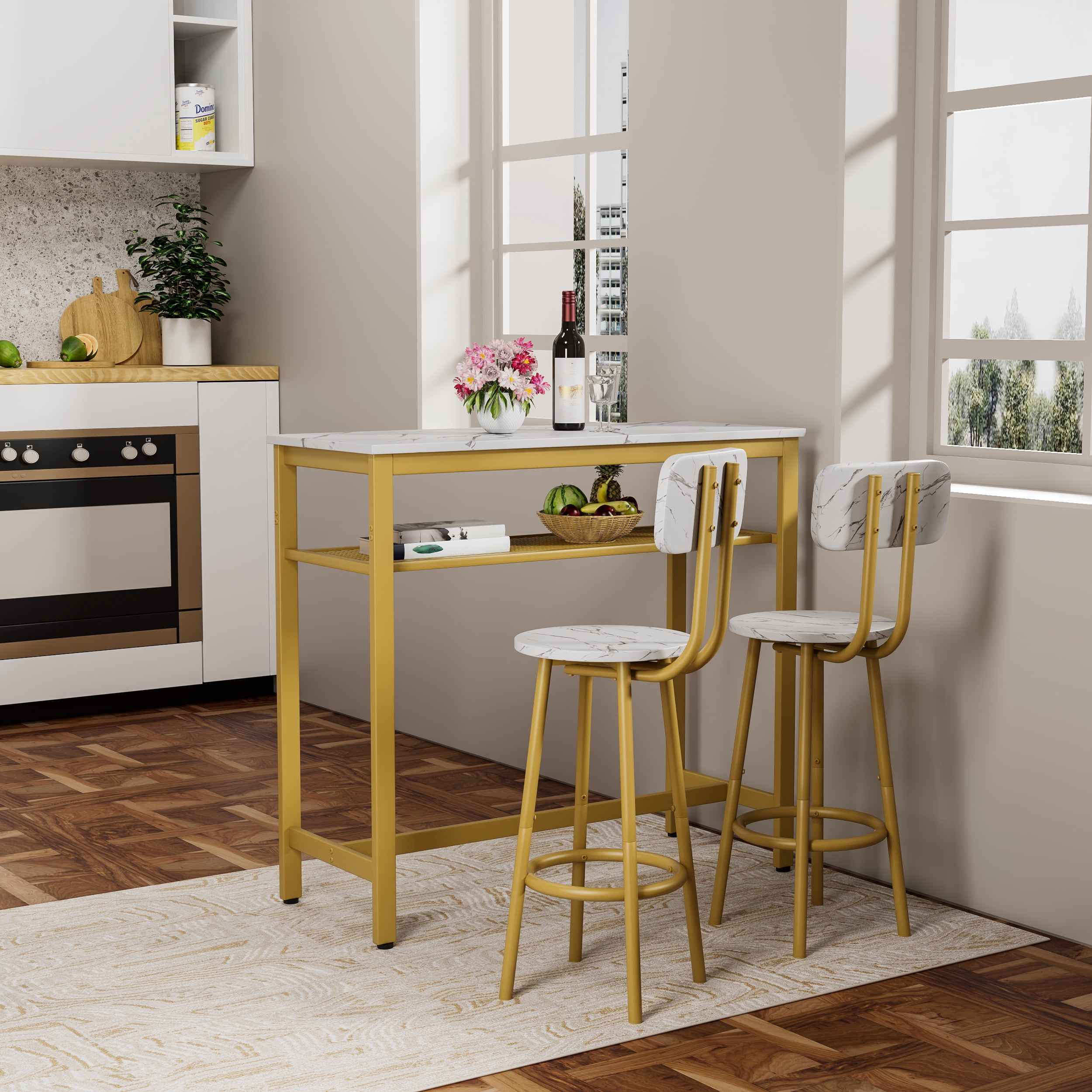 3-Piece Bar Table Set,Bistro Kitchen Table Sets with Metal Frame & Storage Rack,Modern Counter Height Table with 2 Stools for Kitchen, Dining Room, Living Room,