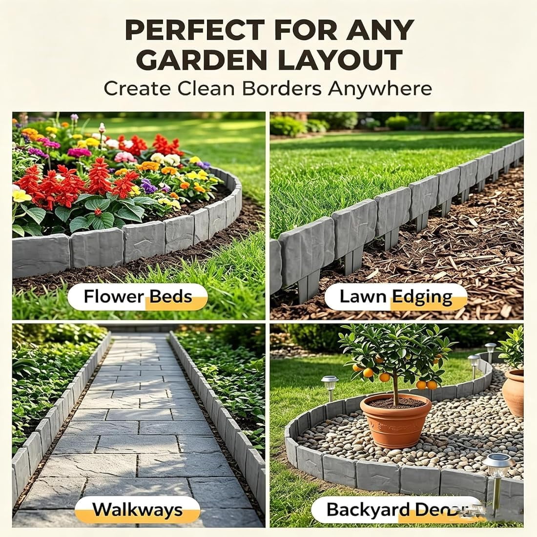 Plastic Garden Retaining Fence, Imitation Stone Garden Fence Border, No Dig Interlocking Landscape Edging with Stakes, Decorative Lawn Border for Flower Beds, Yard, Patio & Outdoor DIY (white-10pc)