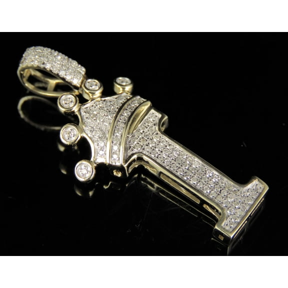 10K Yellow Gold Diamond Crown Initial I Letter Pendant 0.30 Ct 1.5"