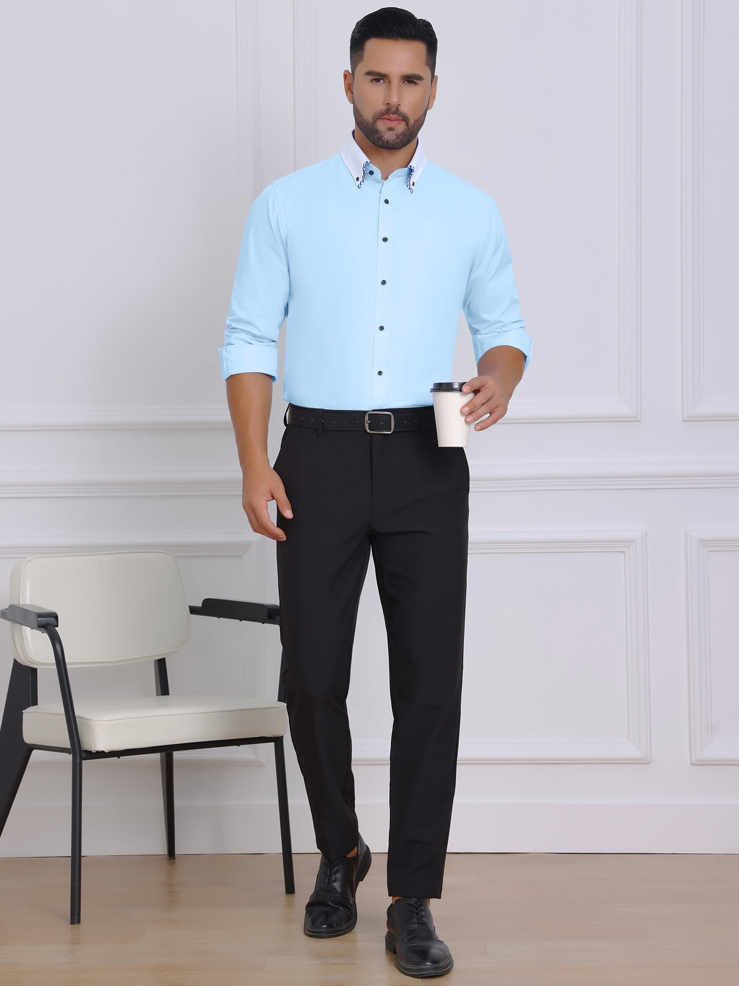 DARING DIVA Men's Contrasting Color Collar Long Sleeve Button Down Shirts M Light Blue