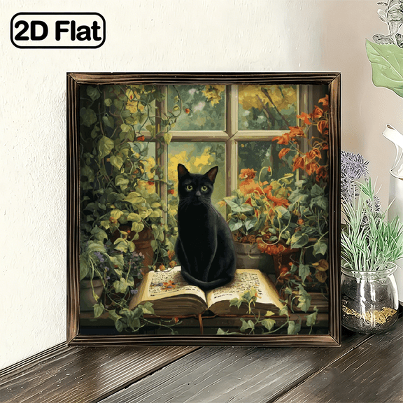 2D Flat, Decor Plaque 8x8 Inch, Black Cat On Book Window View Vintage d Sign for Front Door Wall Garden Indoor Outdoor Home Decor Perfect Gift for C