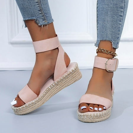

Binmer Summer Ladies Shoes Slope Heel Thick Soled Straw Woven Metal Buckle Women s Sandals