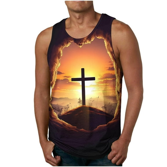 Luxalzxs Men Sleeveless Summer Muscle Tee Vacation Tank Top Crew Neck Fashion Jesus Cross Printing Shirts 2025