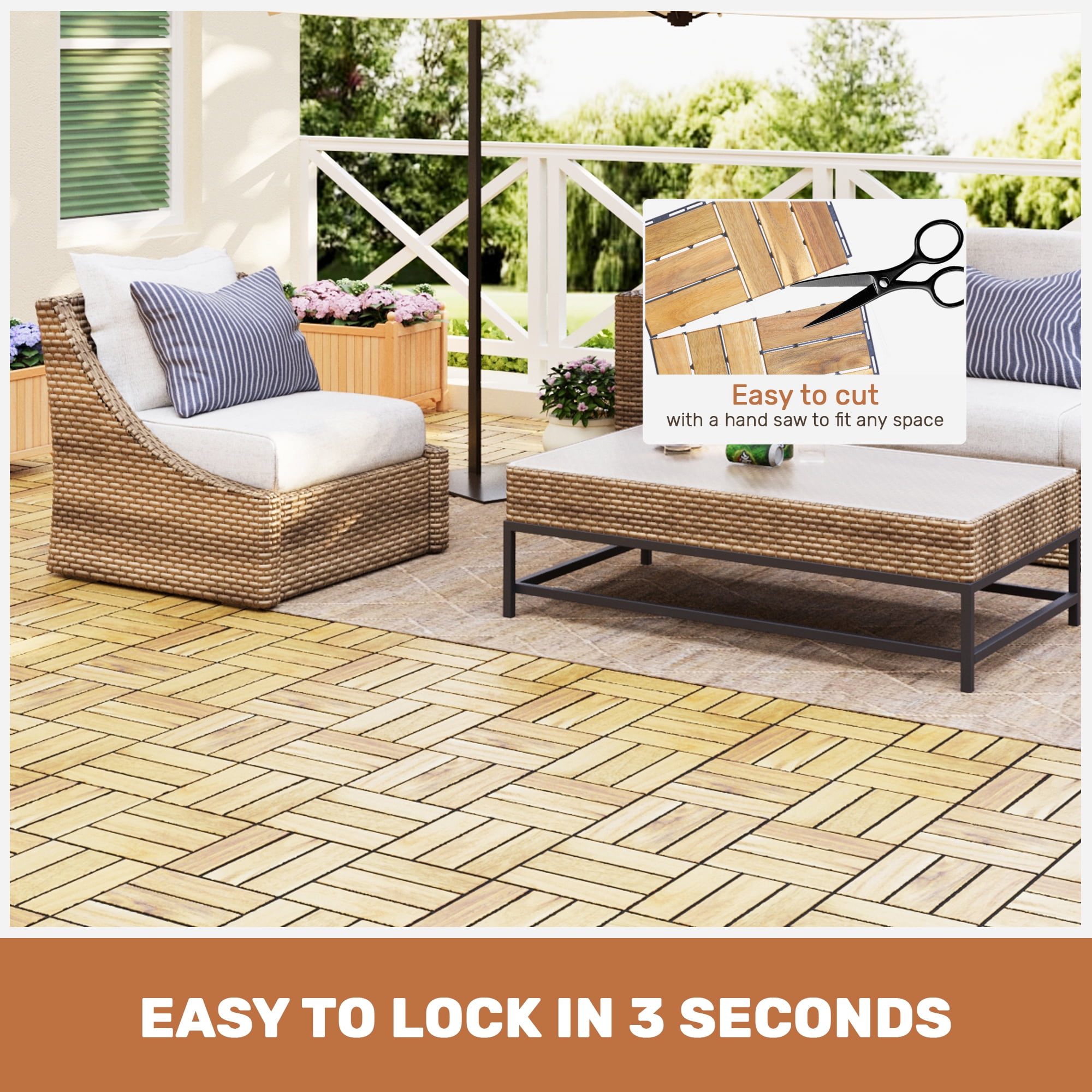 20 PCS Interlocking Deck Tiles 12"x12", Yellow Acacia Hardwood Checker Pattern, Outdoor Flooring for Patio, Balcony, Poolside