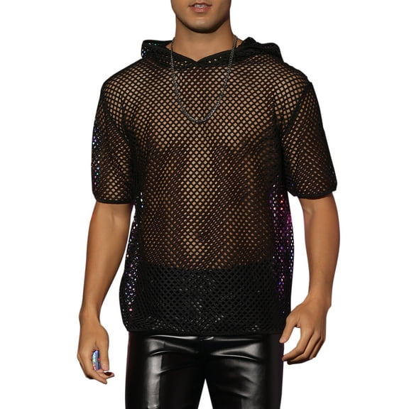 INSPIRE CHIC Sheer Mesh T-Shirts for Men's See Through Short Sleeves Club Tee Tops with Hood M Black