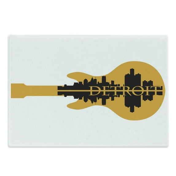 Detroit Cutting Board, High Rise Buildings Silhouette Reflection Electric Guitar Instrument Music Theme, Decorative Tempered Glass Cutting and Serving Board, Large Size, Yellow Black, by Ambesonne