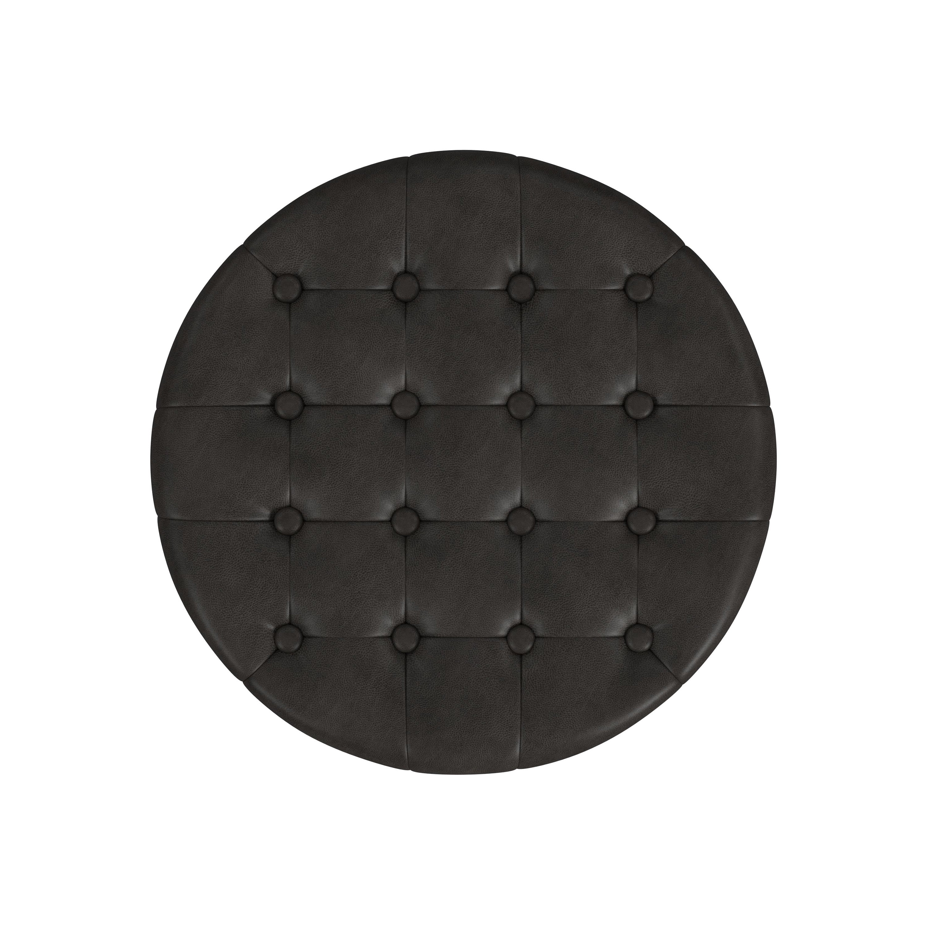 HomePop Small Round Button Tufted Storage Ottoman, Black Faux Leather