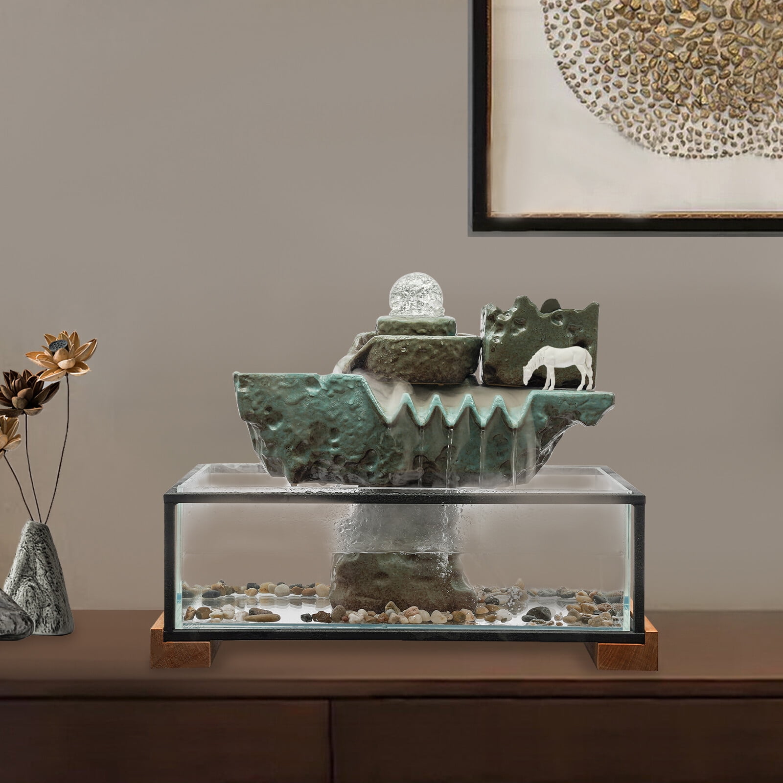 Tabletop Water Fountain, 16x8x5in Glass Fish Tank with LED Lights and Atomizer, Includes Horse Sculpture for Home and Office Decor