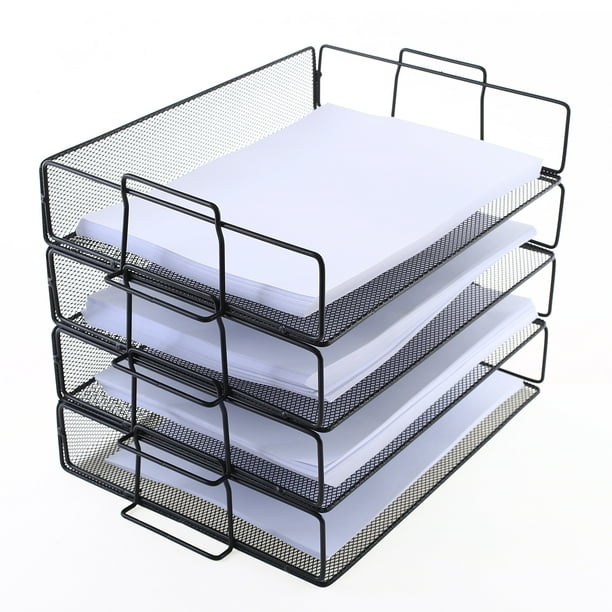4 Tier Stackable Paper Tray Metal Mesh Office File Organizer For