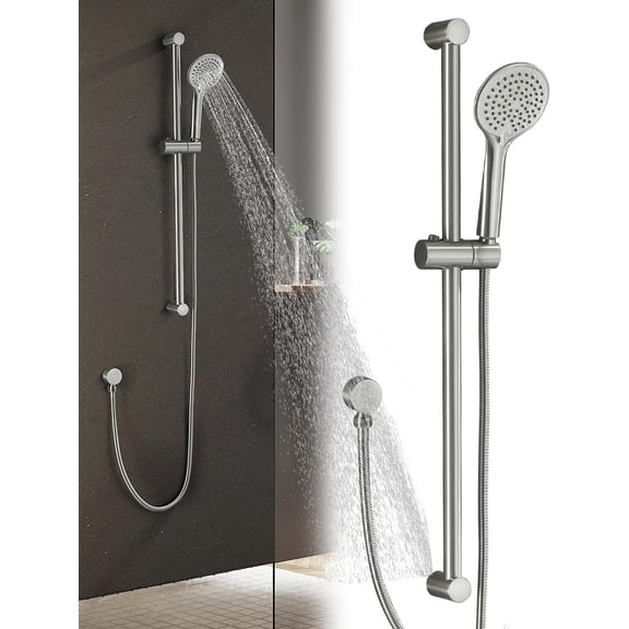 5-Function Handheld Shower Head with Slide Bar, 304 Stainless Steel Hose with Brass Outlet Elbow, 30-inch Slide Bar, Adjustable Holder Set (Brushed Nickel)