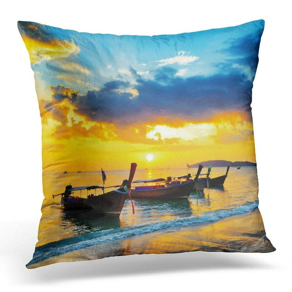 BSDHOME Blue Sea Traditional Thai Boats at Sunset Beach Ao Nang Krabi Province Orange Andaman Pillow Case Pillow Cover 18x18 inch